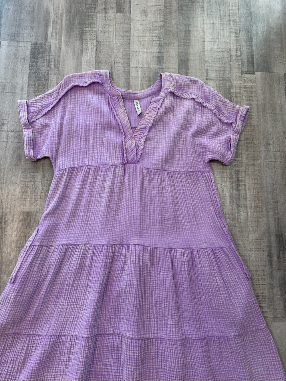 Zenana Women S/M Purple Cotton Double Gauze Tiered Midi Dress Pockets Boho